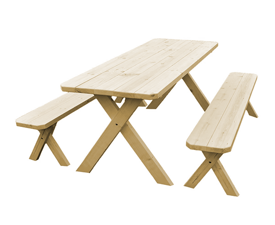 Wood picnic table with X-frame support design and detached benches for flexible seating and open access layout